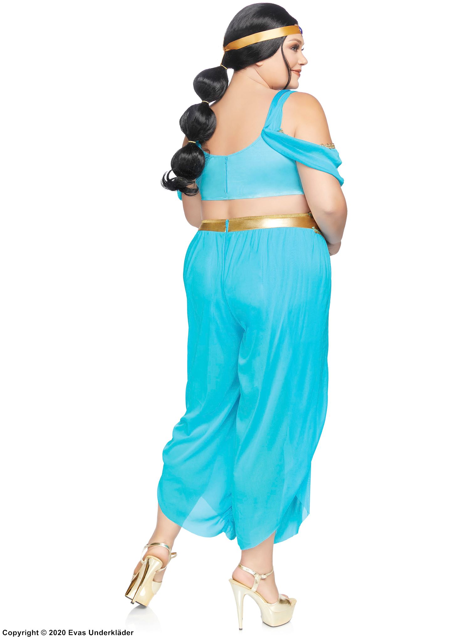 Prinsessan Jasmine från Aladdin, maskeraddräkt med topp och byxor, strass och cold shoulder, plus size